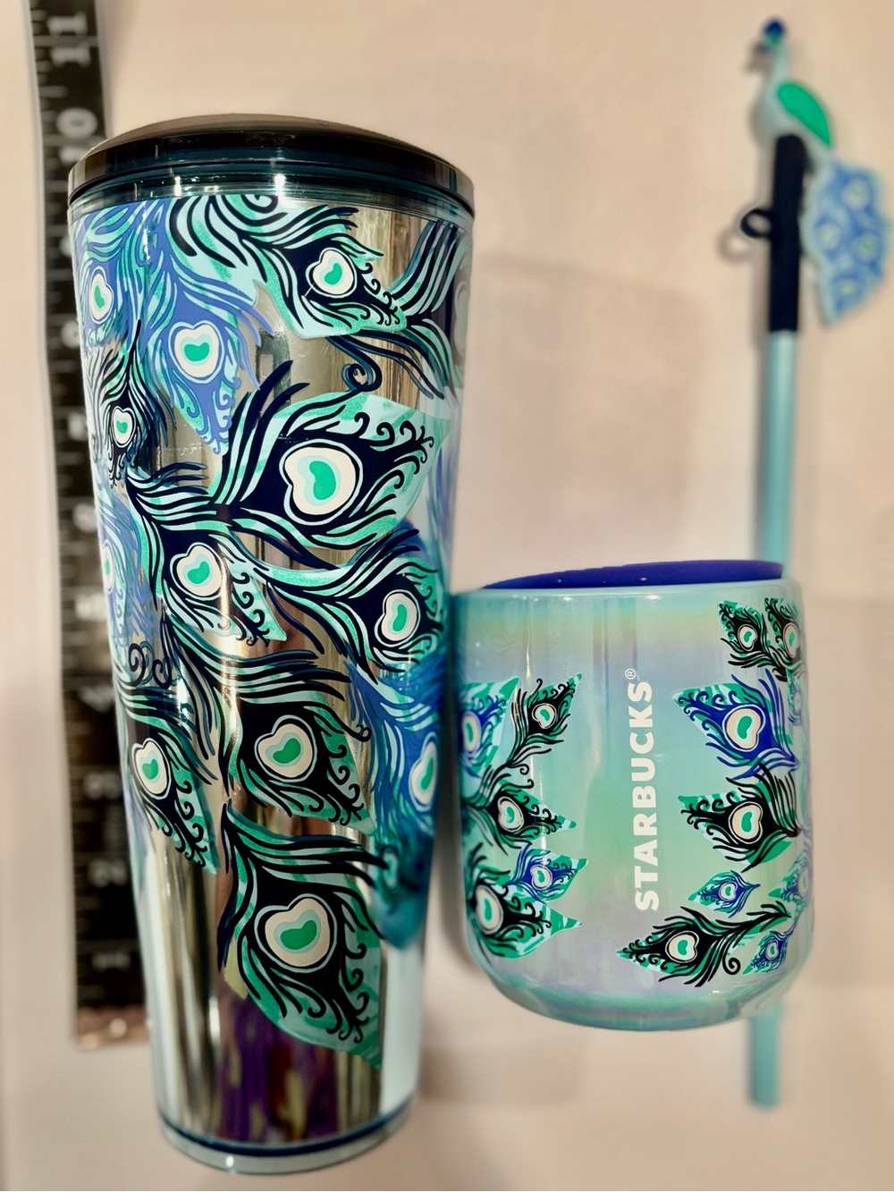 Starbucks LE Peacock 24oz cold drink tumbler / 8oz hot drink ceramic cup / NEW